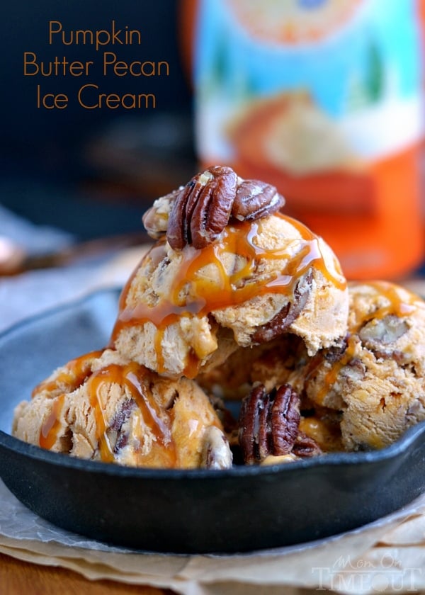 Get dessert ready ahead of time! This Pumpkin Butter Pecan Ice Cream with Caramel Ribbons doesn't require a machine and is loaded with amazing pumpkin flavor! | MomOnTimeout.com | #dessert #icecream #pumpkin #caramel #Thanksgiving #IDelight