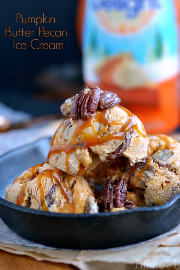 Get dessert ready ahead of time! This Pumpkin Butter Pecan Ice Cream with Caramel Ribbons doesn't require a machine and is loaded with amazing pumpkin flavor! | MomOnTimeout.com | #dessert #icecream #pumpkin #caramel #Thanksgiving #IDelight