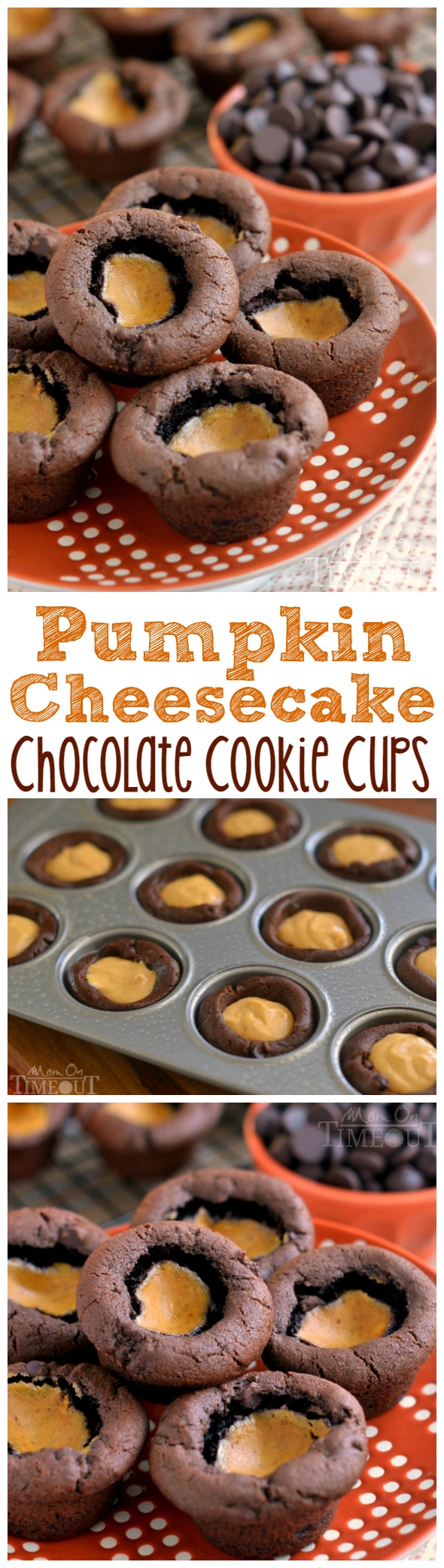 These Pumpkin Cheesecake Chocolate Cookie Cups feature a rich, chocolate cookie cup filled with creamy pumpkin cheesecake - totally divine! | MomOnTimeout.com | #pumpkin #chocolate #cookie #dessert #recipe