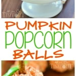 two image collage of orange popcorn balls shaped like pumpkins. center color block with text overlay.