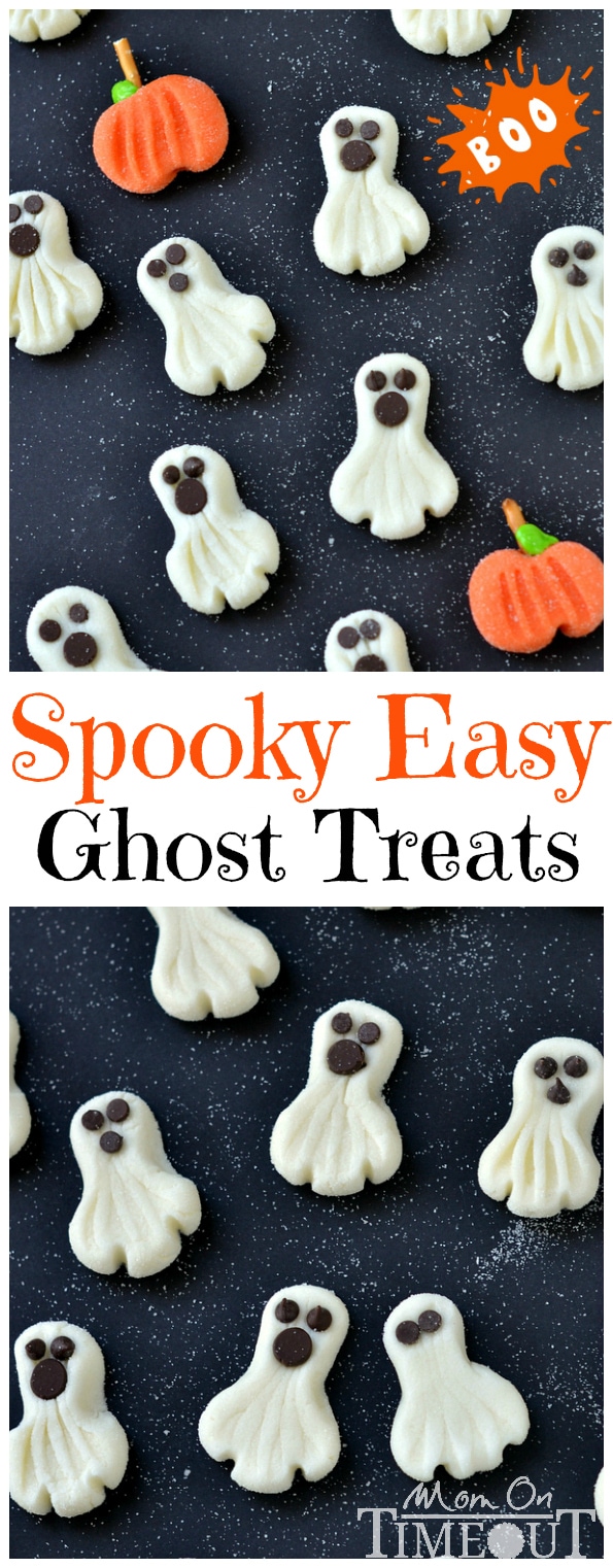 These Spooky Easy Ghost Treats can be whipped up in a jiffy and are the perfect candy to share this Halloween! | MomOnTimeout.com | #halloween #candy #recipe #dessert #ghost