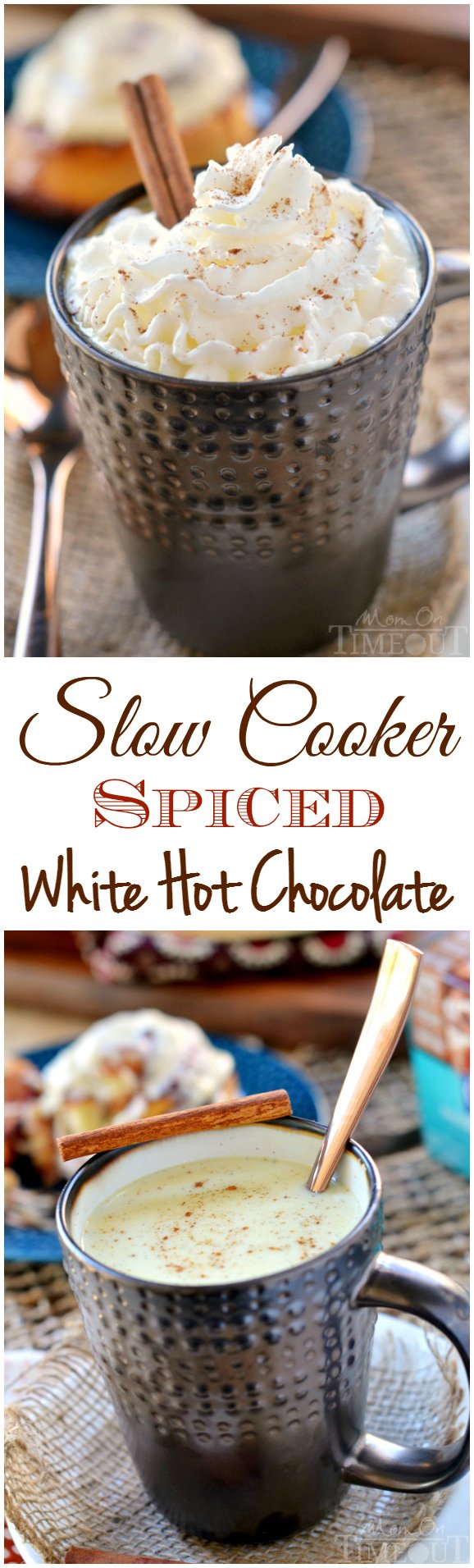 The incredible flavors of cinnamon, nutmeg, and cardamom spice up this wonderfully creamy and rich Slow Cooker Spiced White Hot Chocolate. | MomOnTimeout.com | #beverage #chocolate #hot #crock #pot #ad
