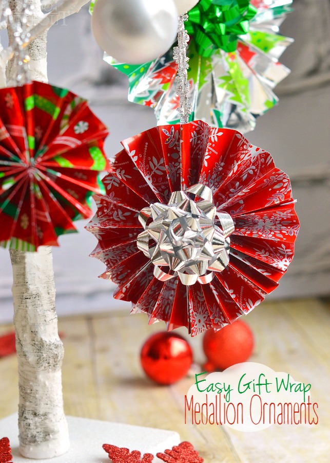 These easy Gift Wrap Medallion Ornaments are so easy to make and add a festive flair to your tree and Christmas gifts! A fun craft for kids of all ages!  MomOnTimeout.com | #craft #Christmas #MakeAmazing #spon