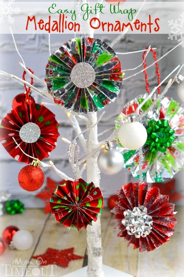 These easy Gift Wrap Medallion Ornaments are so easy to make and add a festive flair to your tree and Christmas gifts! A fun craft for kids of all ages!  MomOnTimeout.com | #craft #Christmas #MakeAmazing #spon