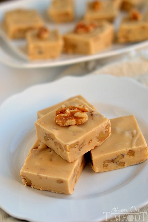 This Creamy Maple Nut Fudge is a breeze to make! Crunchy toasted walnuts add amazing texture and flavor to this decadent fudge! | MomOnTimeout.com | #recipe #fudge #candy