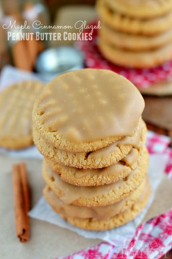 stack of peanut butter cookies with maple glaze and title overlay at top of image