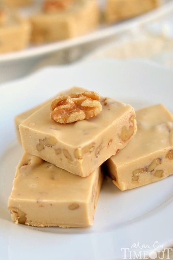 This Creamy Maple Nut Fudge is a breeze to make! Crunchy toasted walnuts add amazing texture and flavor to this decadent fudge! | MomOnTimeout.com | #recipe #fudge #candy