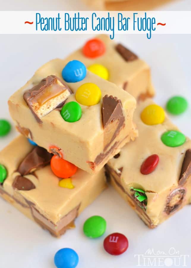 An excellent recipe for using up leftover candy and the perfect way to satisfy your sweet tooth - you simply must try this easy Peanut Butter Candy Bar Fudge recipe! // Mom On Timeout