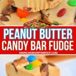 two image collage showing peanut butter fudge with candy in it stacked in a group of 3. top image shows a bite taken out of the fudge. center color block with text overlay.