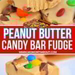 two image collage showing peanut butter fudge with candy in it stacked in a group of 3. top image shows a bite taken out of the fudge. center color block with text overlay.