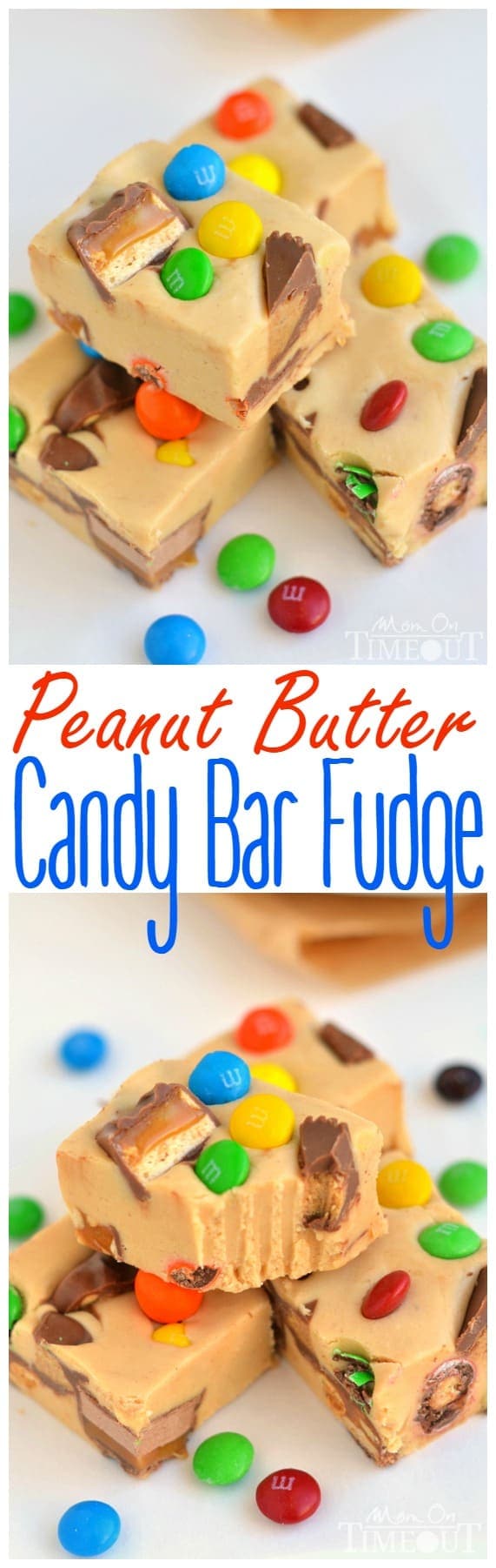 An excellent recipe for using up leftover candy and the perfect way to satisfy your sweet tooth - you simply must try this easy Peanut Butter Candy Bar Fudge recipe! // Mom On Timeout