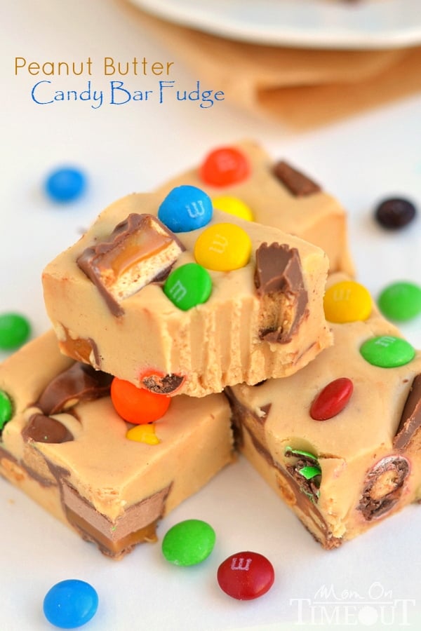 An excellent recipe for using up leftover candy and the perfect way to satisfy your sweet tooth - you simply must try this easy Peanut Butter Candy Bar Fudge recipe! | MomOnTimeout.com