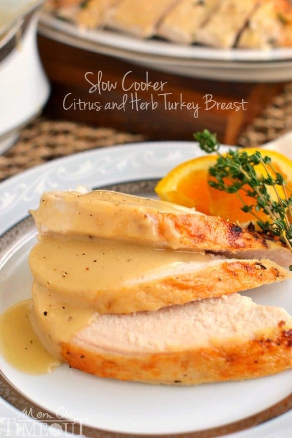 slow cooker turkey breast with gravy on plate