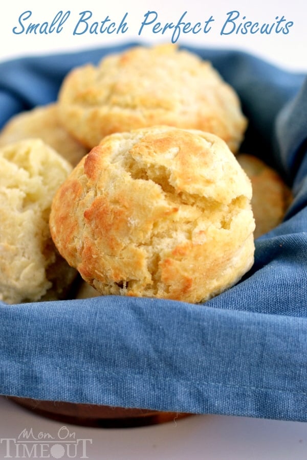 small batch biscuits in basket with blue linen