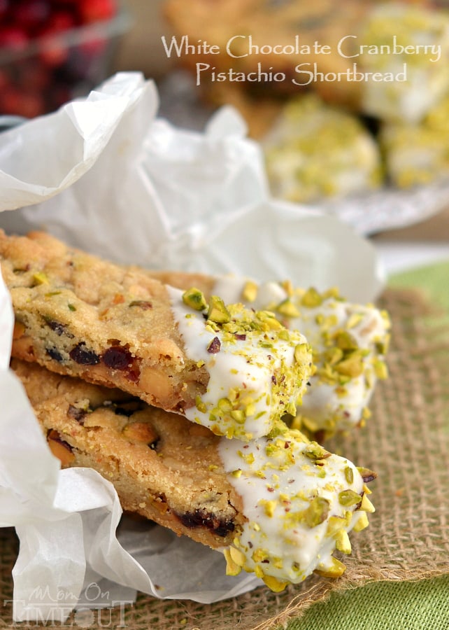 There's nothing prettier than this White Chocolate Cranberry Pistachio Shortbread! Easy to make, these shortbread sticks are perfect for cookie trays and gifts this holiday season! | MomOnTimeout.com | #recipe #cookies #cranberry #spon