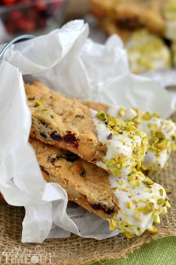 There's nothing prettier than this White Chocolate Cranberry Pistachio Shortbread! Easy to make, these shortbread sticks are perfect for cookie trays and gifts this holiday season! | MomOnTimeout.com | #recipe #cookies #cranberry #spon