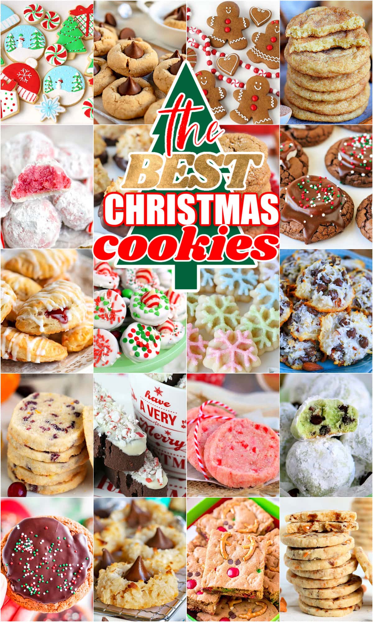 collage of 20 christmas cookies with the best Christmas cookies text overlay on top of a tree