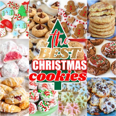 collage of 20 christmas cookies with the best Christmas cookies text overlay on top of a tree