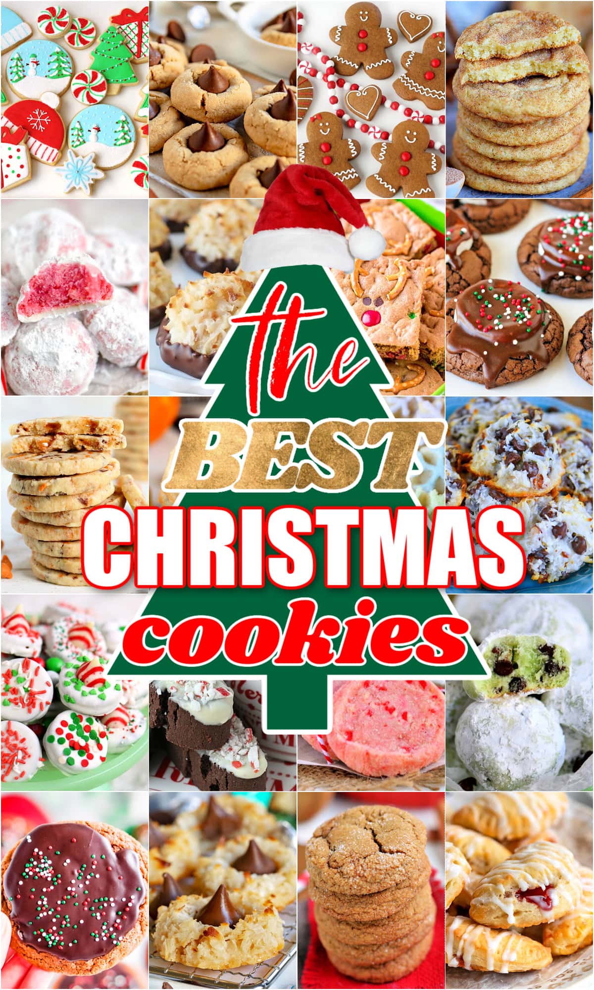 collage of 20 christmas cookies with the best Christmas cookies text overlay on top of a tree