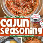 three image collage showing homemade Cajun Seasoning recipe in a spice jar, individual ingredients on a shallow plate and then mixed together in a small, scalloped bowl. Center color block with text overlay.