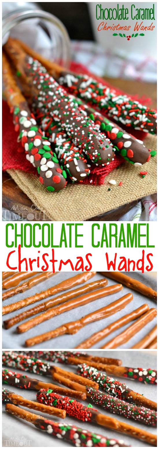 These Easy Chocolate Caramel Christmas Wands are a breeze to make and look perfectly festive! Great for gift giving, parties, and more! | MomOnTimeout.com | #Christmas #Dessert #recipe #spon