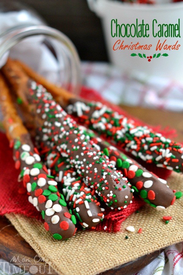 These Easy Chocolate Caramel Christmas Wands are a breeze to make and look perfectly festive! Great for gift giving, parties, and more! | MomOnTimeout.com | #Christmas #Dessert #recipe #spon