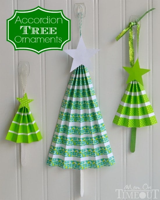 These Easy Accordion Tree Ornaments are an excellent way to keep little hands busy over winter break. Gorgeous on your tree or on top of a gift! | MomOnTimeout.com | #diy #craft #Christmas #MakeAmazing #spon