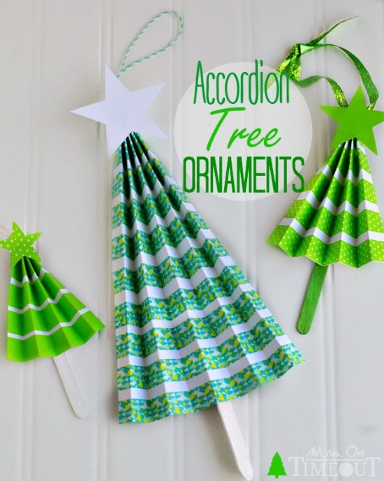 These Easy Accordion Tree Ornaments are an excellent way to keep little hands busy over winter break. Gorgeous on your tree or on top of a gift! | MomOnTimeout.com | #diy #craft #Christmas #MakeAmazing #spon