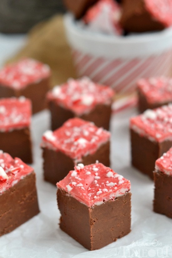 This Peppermint Mocha Fudge is just BEGGING to be served up at your holiday celebration! Perfectly festive and easy too! | MomOnTimeout.com | #chocolate #Christmas #dessert #peppermint #fudge