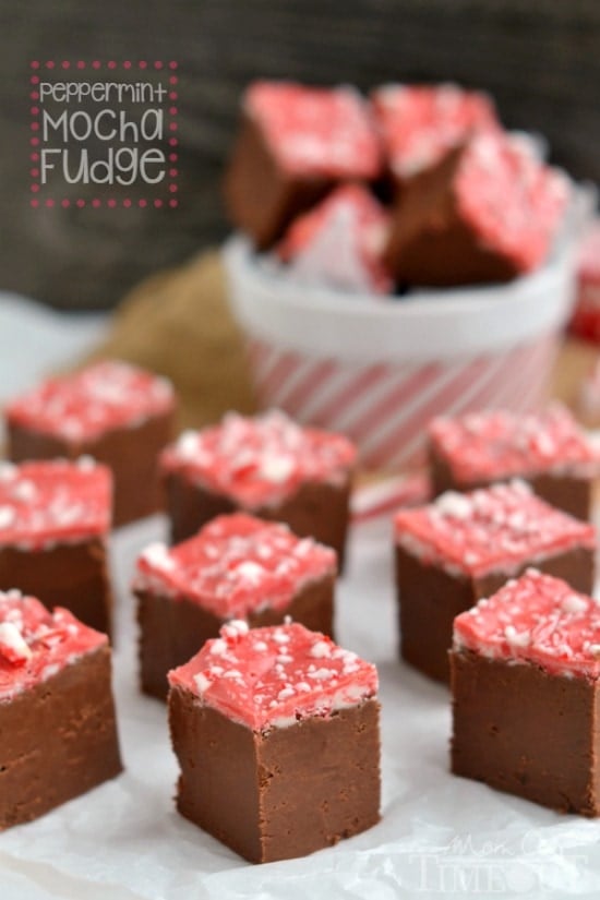This Peppermint Mocha Fudge is just BEGGING to be served up at your holiday celebration! Perfectly festive and easy too! | MomOnTimeout.com | #chocolate #Christmas #dessert #peppermint #fudge