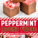 two image collage showing squares of peppermint fudge on white parchment paper. center color block with text overlay.