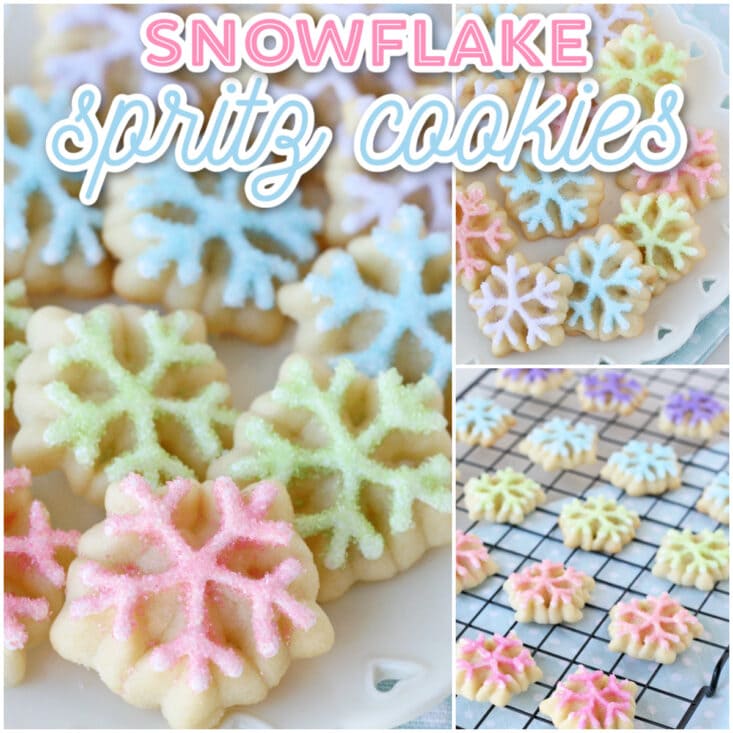 decorated spritz cookies in snowflake design with pastel colors