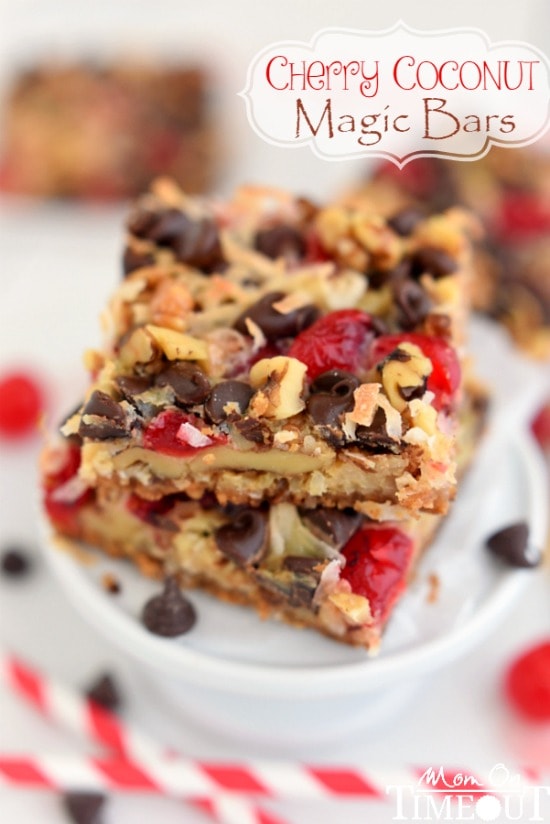 Cherry Coconut Magic Bars! If you love cherries, chocolate, and coconut together like I do - prepare for true bliss! | MomOnTimeout.com | #recipe #cherry #coconut #dessert #chocolate