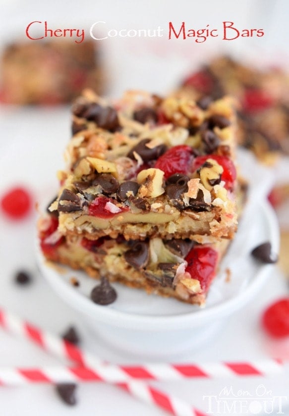 Cherry Coconut Magic Bars! If you love cherries, chocolate, and coconut together like I do - prepare for true bliss! | MomOnTimeout.com | #recipe #cherry #coconut #dessert #chocolate