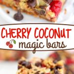 two image collage showing magic bars made with maraschino cherries stacked two high on a small white cake stand. center color block with text overlay.