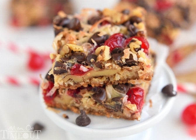 Cherry Coconut Magic Bars! If you love cherries, chocolate, and coconut together like I do - prepare for true bliss! | MomOnTimeout.com | #recipe #cherry #coconut #dessert #chocolate