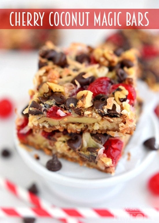 Cherry Coconut Magic Bars! If you love cherries, chocolate, and coconut together like I do - prepare for true bliss! | MomOnTimeout.com | #recipe #cherry #coconut #dessert #chocolate