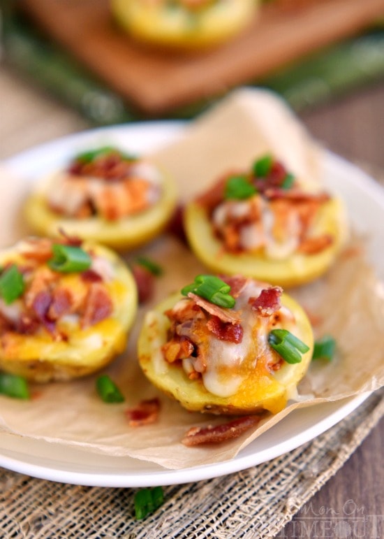 Monterey Chicken Potato Skins - your new favorite appetizer! Loaded with bbq chicken, cheese, and bacon, they're the perfect appetizer for your next party! | MomOnTimeout.com | #appetizer #recipe #bacon #cheese