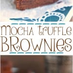 two image collage showing three brownies topped with ganache frosting stacked on top of each other on a small dessert plate. center color block with text overlay.