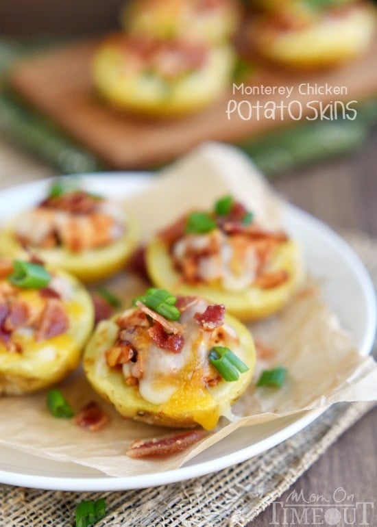 Monterey Chicken Potato Skins - your new favorite appetizer! Loaded with bbq chicken, cheese, and bacon, they're the perfect appetizer for your next party! | MomOnTimeout.com | #appetizer #recipe #bacon #cheese
