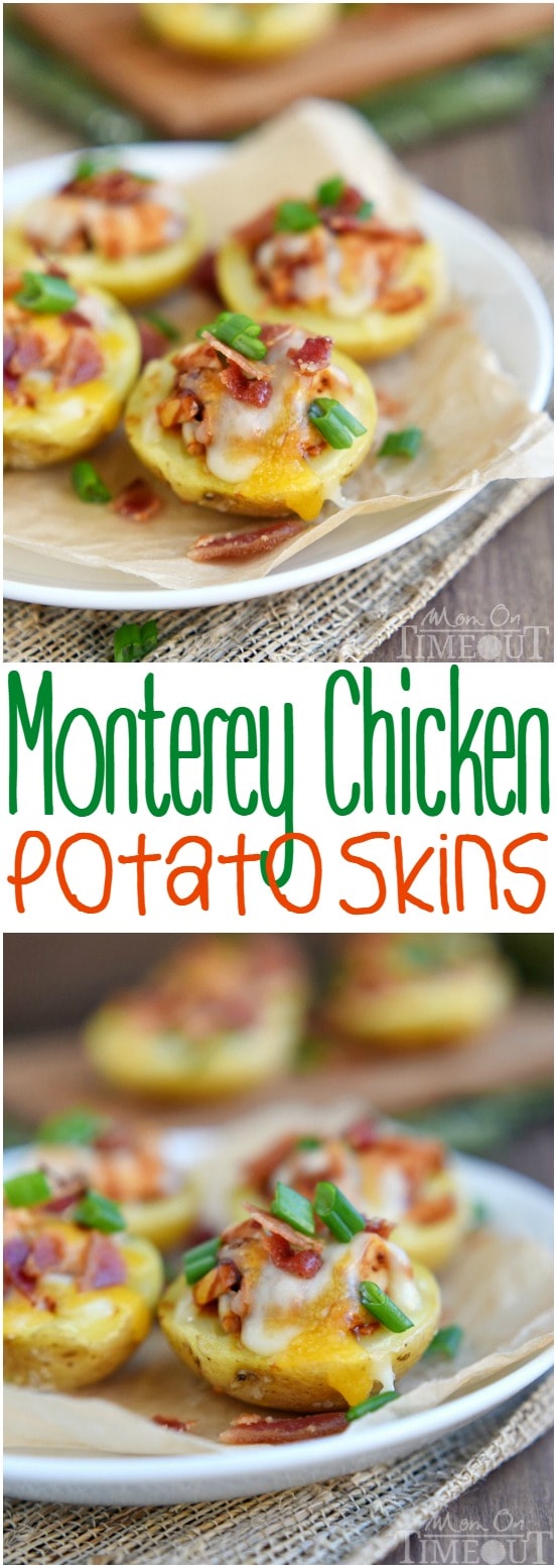 Monterey Chicken Potato Skins - your new favorite appetizer! Loaded with barbecue chicken, cheese, and bacon, they're the perfect appetizer for your next party! | MomOnTimeout.com | #appetizer #recipe #bacon #cheese