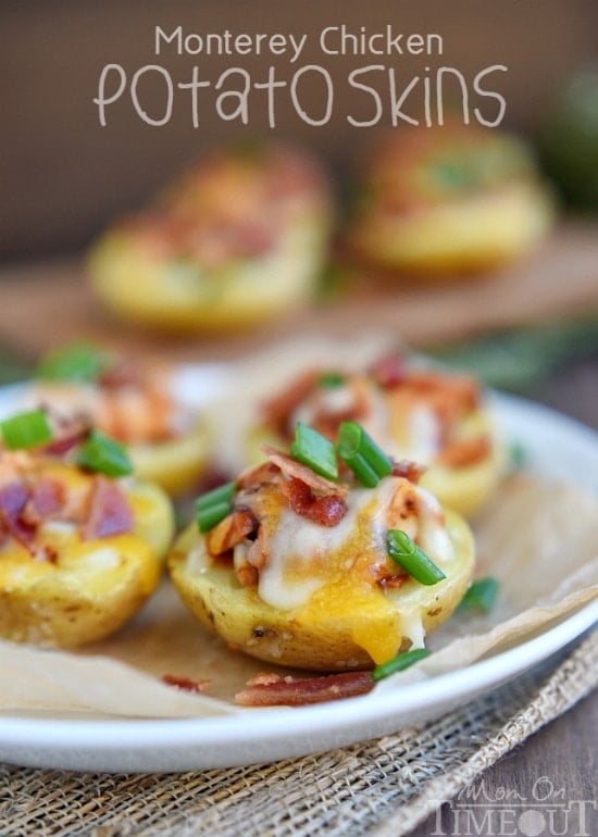 Monterey Chicken Potato Skins - your new favorite appetizer! Loaded with bbq chicken, cheese, and bacon, they're the perfect appetizer for your next party! | MomOnTimeout.com | #appetizer #recipe #bacon #cheese