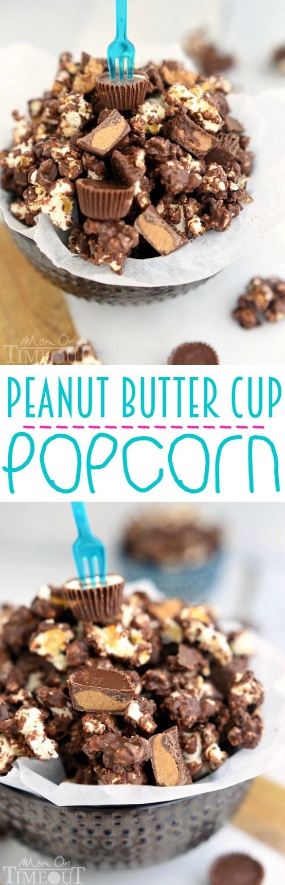 You're going to love this Peanut Butter Cup Popcorn with an explosion of peanut butter and chocolate flavors in every bite! | MomOnTimeout.com | #recipe #popcorn #chocolate #peanut #butter