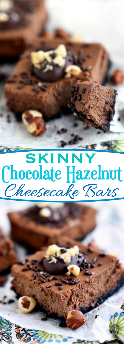 These Skinny Chocolate Hazelnut Cheesecake Bars taste utterly decadent but are made with Greek yogurt and light cream cheese so you can enjoy them without the guilt! The perfect treat! // Mom On Timeout