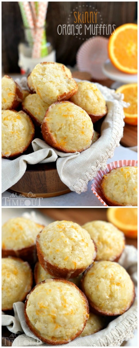 These Skinny Orange Muffins are made with Greek yogurt and plenty of orange zest for a terrific, bright orange flavor! So tender and moist, these muffins are a great way to start to your day! | MomOnTimeout.com | #breakfast #brunch #muffin #recipe #orange