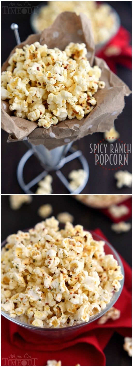 You're just four ingredients away from snacking paradise with this delicious Spicy Ranch Popcorn! So addicting, this delightfully easy recipe is sure to become a new family favorite! | MomOnTimeout.com | #appetizer #snack #recipe