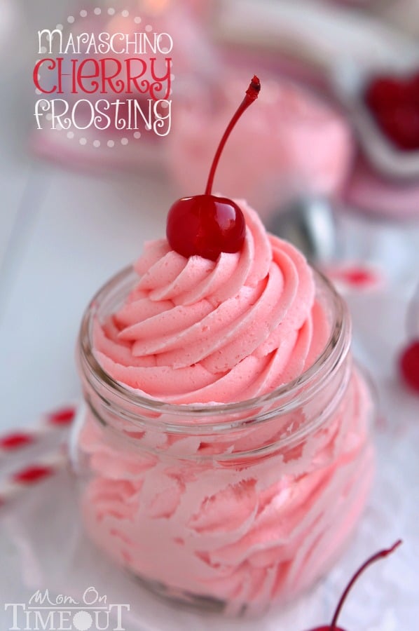 Don't let the juice from your maraschino cherry jar go to waste! Make this deliciously gorgeous Maraschino Cherry Frosting instead! Perfect on cupcakes, cookies, cake and more! | MomOnTimeout.com | #recipe #frosting #cherry