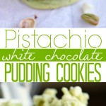 two image collage showing pistachio pudding cookies stacked on white parchment paper and the cookie dough on the beater. center color block with text overlay.