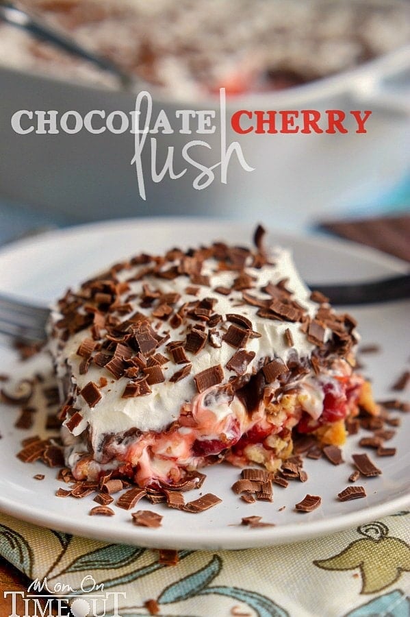 This Chocolate Cherry Lush will quickly become a new family favorite! Easy to prepare, make it ahead of time for your chocolate and cherry loving friends and family! | MomOnTimeout.com | #recipe #dessert #chocolate #cherry