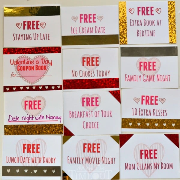 Treat your little sweetheart to a Printable Valentine's Day Coupon Book for Kids! Printable coupons for family movie night, no chores, pizza for dinner and so much more! | MomOnTimeout.com | #ValentinesDay #craft #ScotchEXP